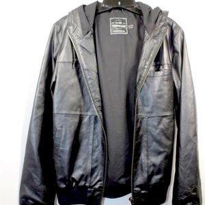 Men’s size S Topman Black Leather Jacket Full zip with hood